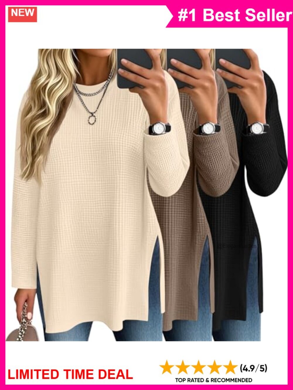 Waffle Knit Long Sleeve Oversized Tops 3 Pack Crew Neck Side Split